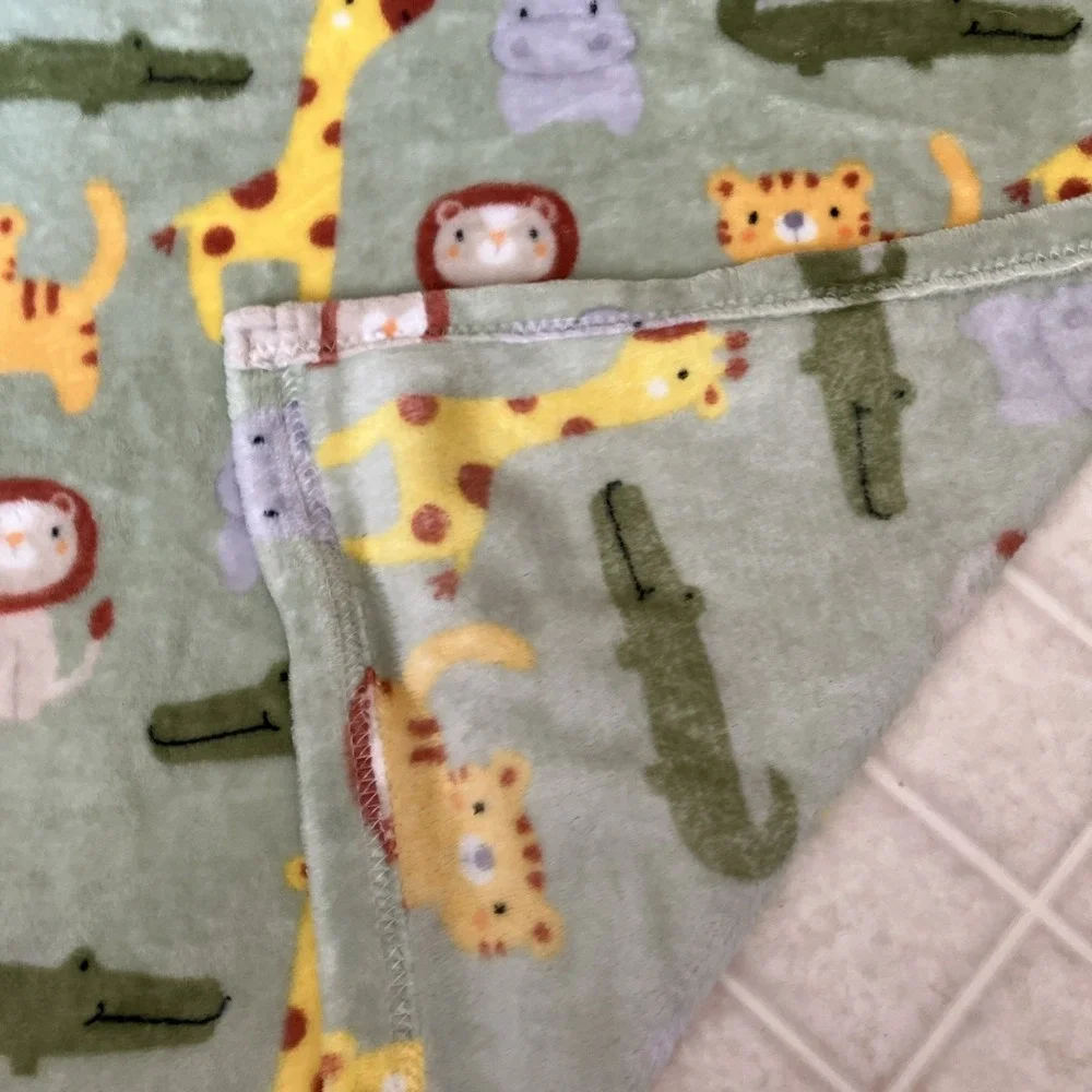 Parent's Choice Green Soft Fleece Baby Blanket Jungle Animals Hippo Giraffe Lion
